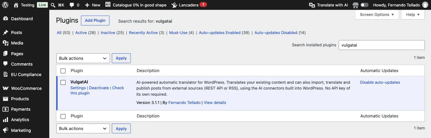 VulgatAI 3.1.1 active in the WordPress plugin list.