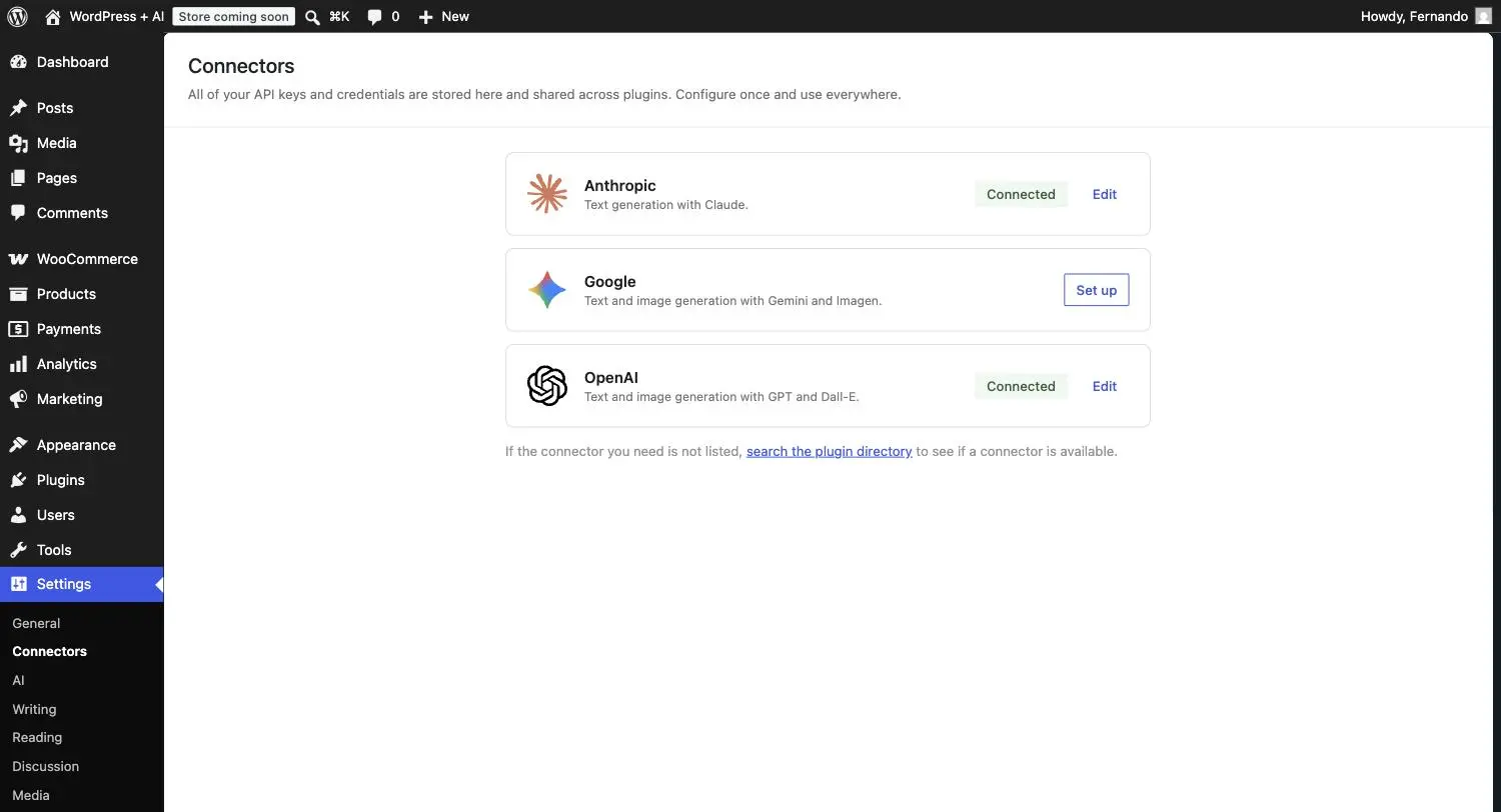 The WordPress Connectors screen, with Anthropic and OpenAI connected and Google not yet configured.