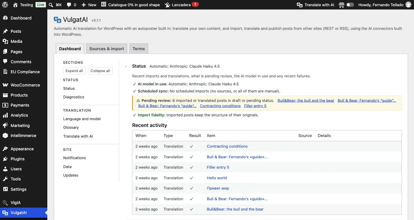 VulgatAI's Status card, with the AI model in use, the scheduled sync, pending review highlighted in its own box and the import fidelity line.