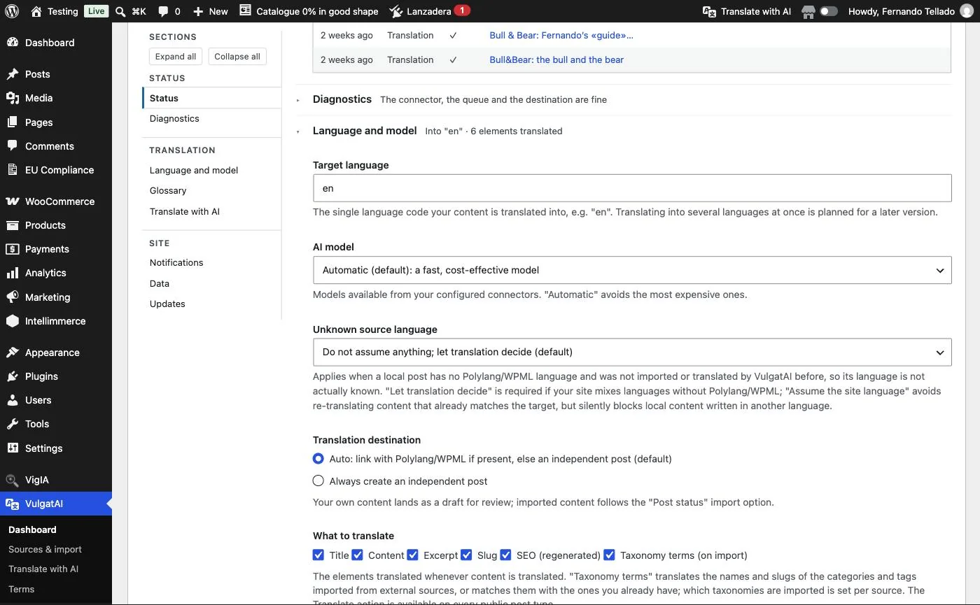 VulgatAI's Language and model group: target language, AI model, unknown source language and translation destination.