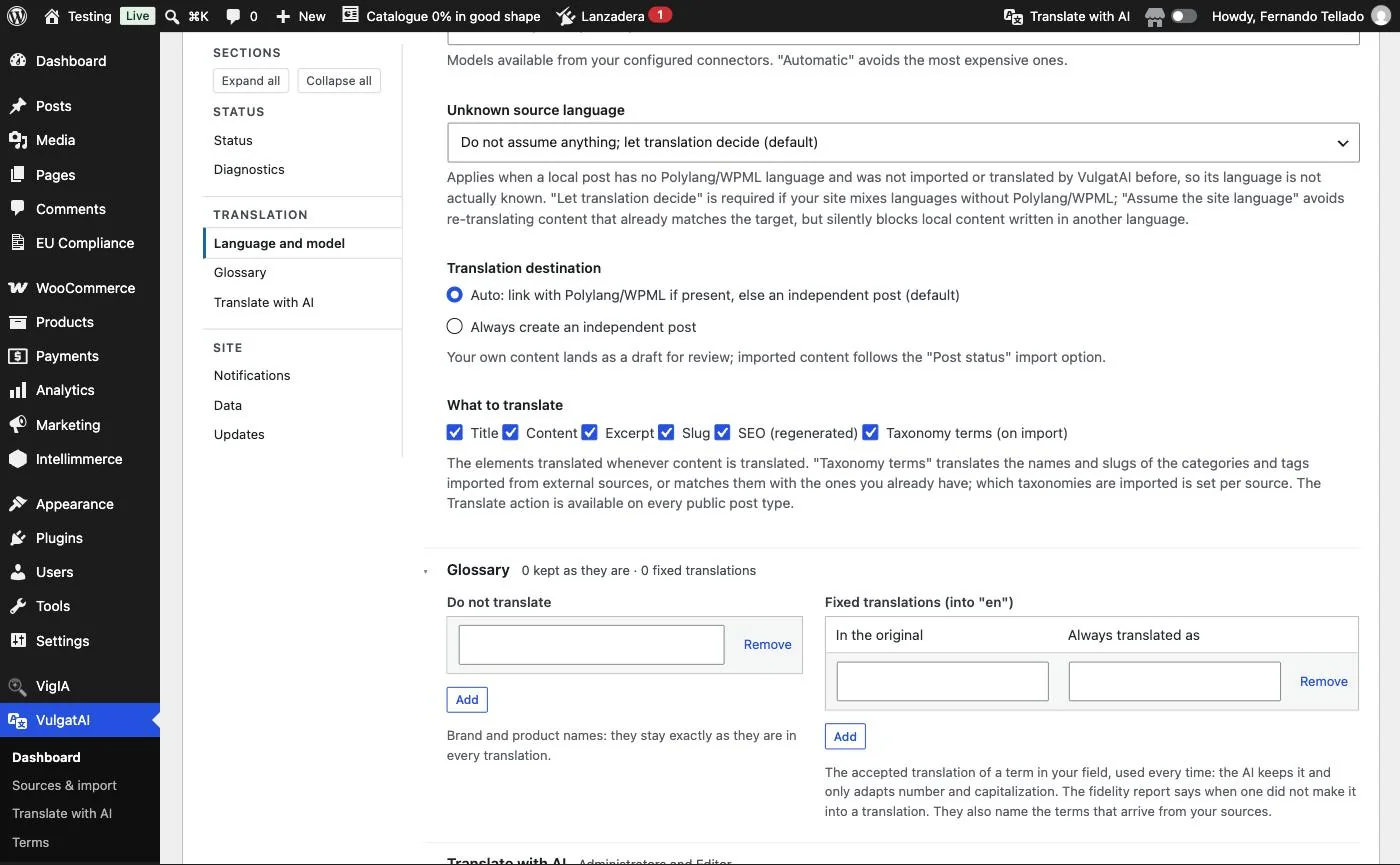 VulgatAI's translation destination, what to translate and the start of the Glossary with its two lists.