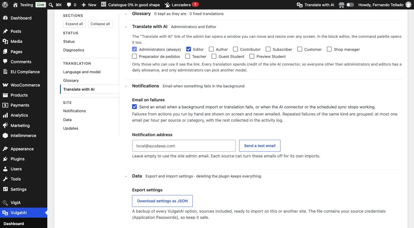 VulgatAI's Notifications and Data groups: email alerts on failures, and exporting or importing the whole configuration.