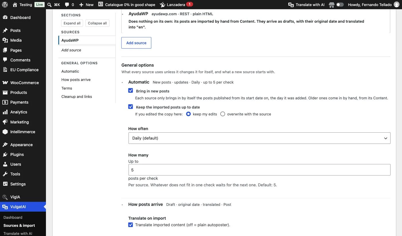 VulgatAI's general import options, Automatic group: new posts, updates, how often and how many.