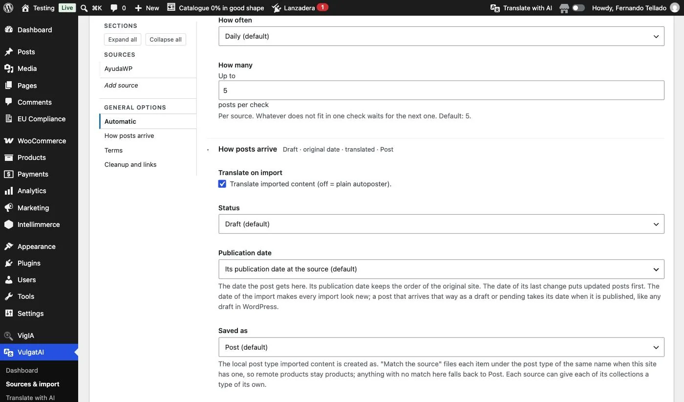 The How posts arrive group of VulgatAI's general options: translate on import, status, publication date, saved as and author.