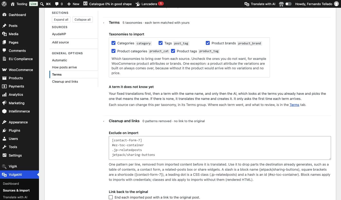 The Terms group of VulgatAI's general options: taxonomies to import and what happens with a term the site does not know yet.