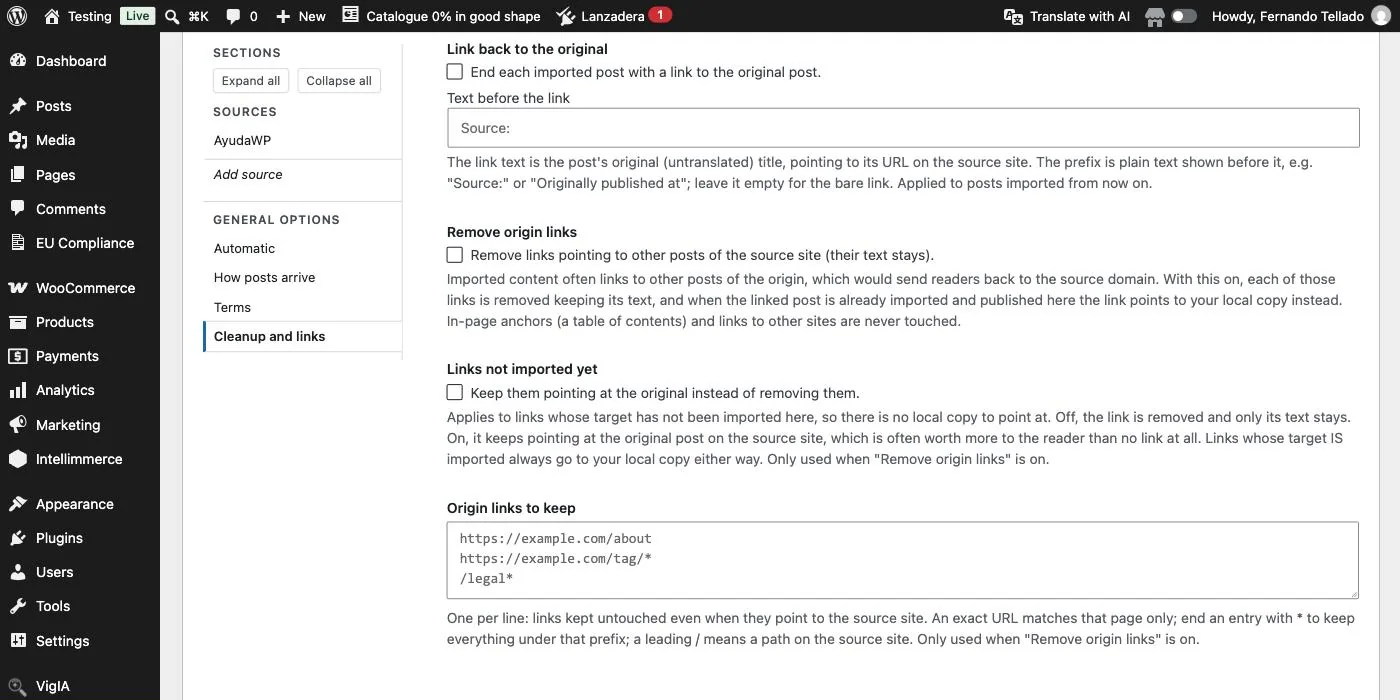 The Cleanup and links group of VulgatAI's general options, with the choices for links pointing at the source site.