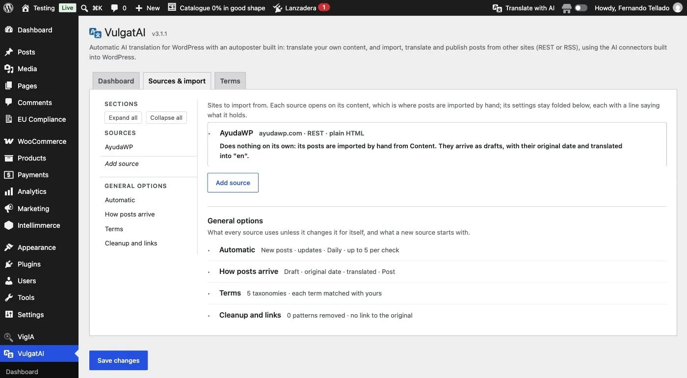 VulgatAI's list of sources, with the Add source button and the General options groups below.