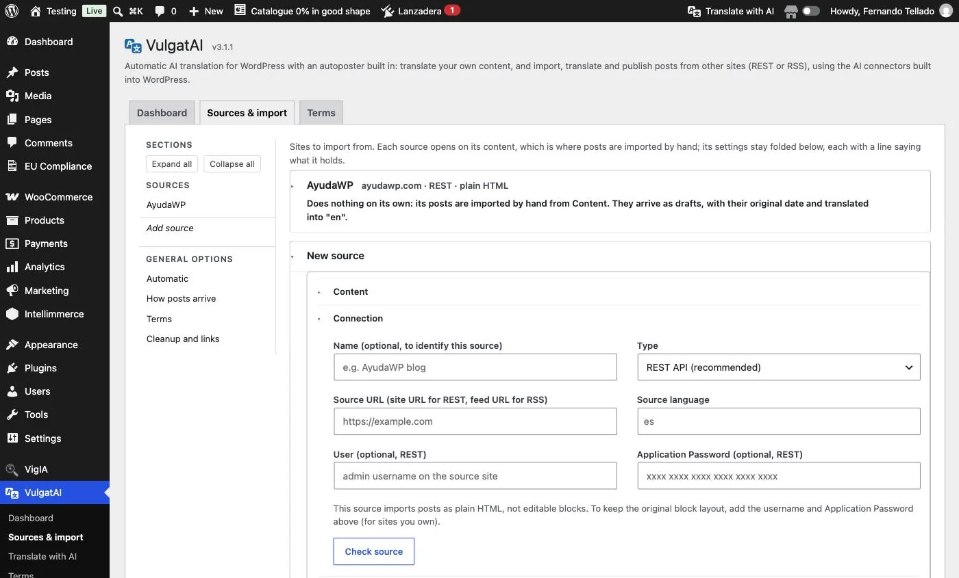 The Connection group of a new source in VulgatAI, with the empty form: name, type, URL, source language, username and Application Password.