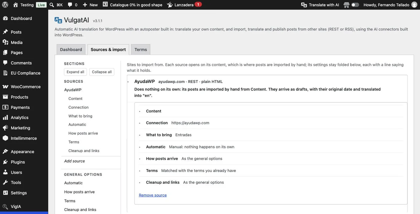 A saved source in VulgatAI, opened, with its groups folded: Content, Connection, What to bring, Automatic, How posts arrive, Terms and Cleanup and links.