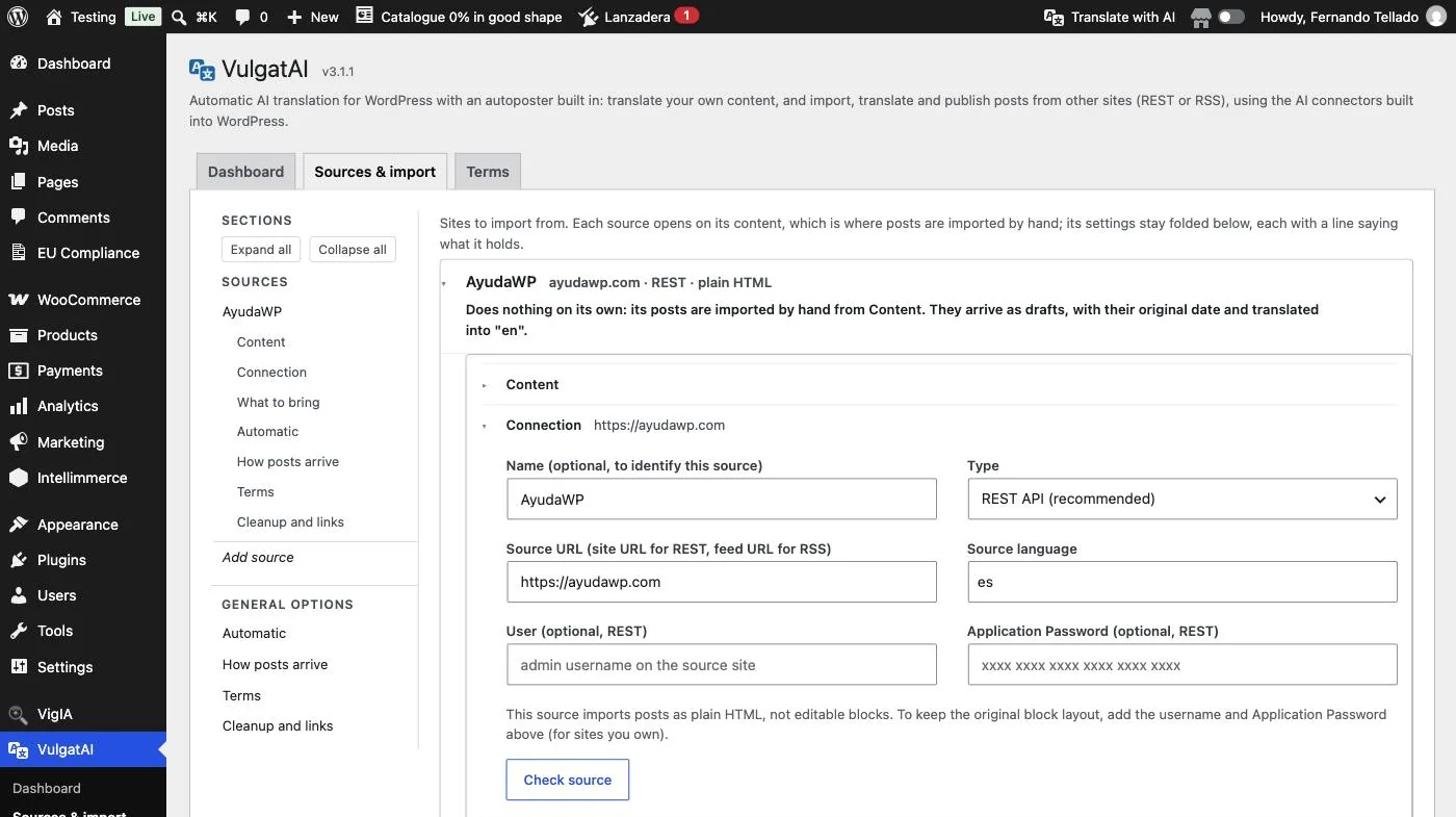 A REST source in VulgatAI, already filled in with name, URL and source language, with the Check source button below.