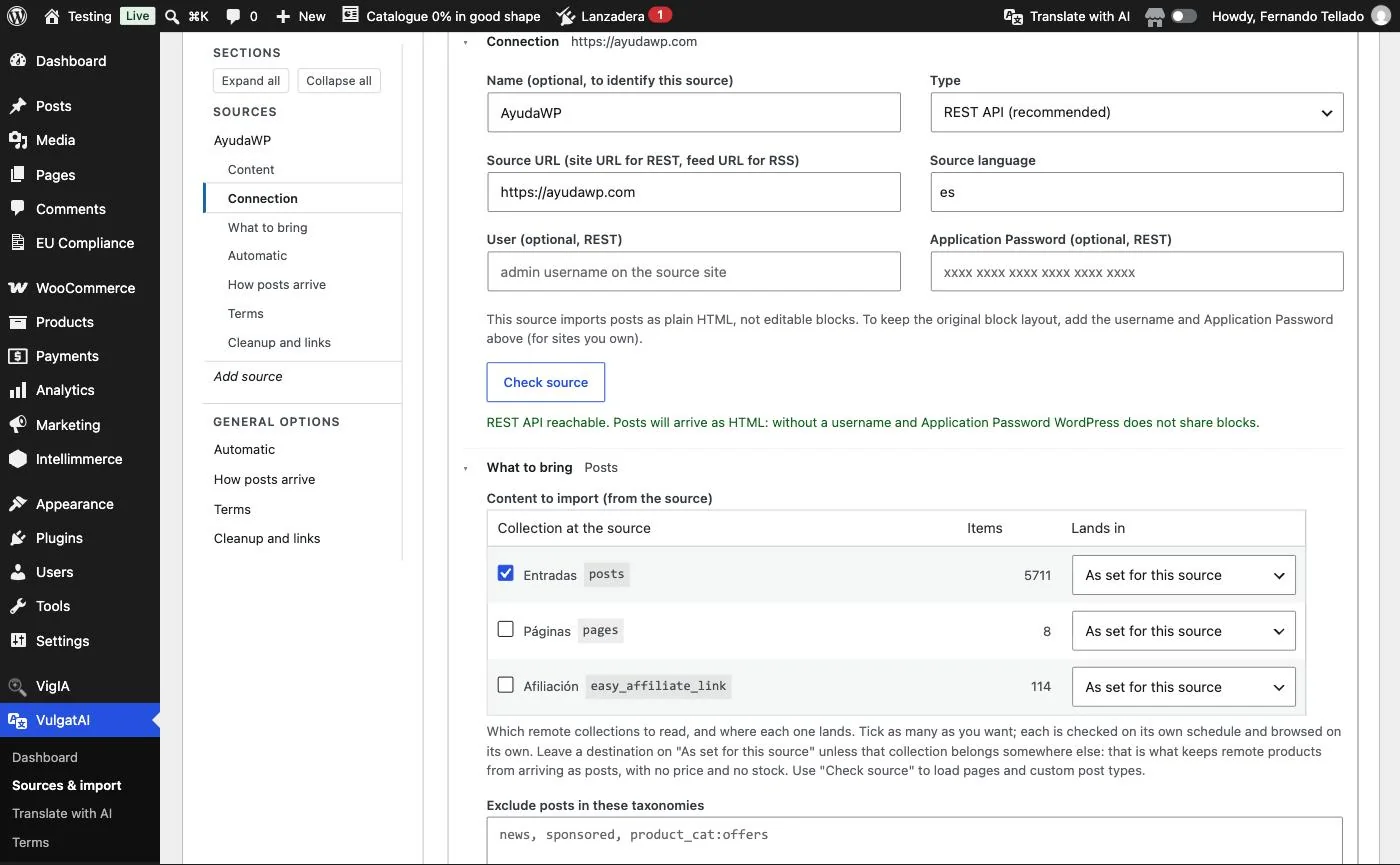 The result of Check source in VulgatAI: REST API reachable, and below it the What to bring group with the collections of the source.