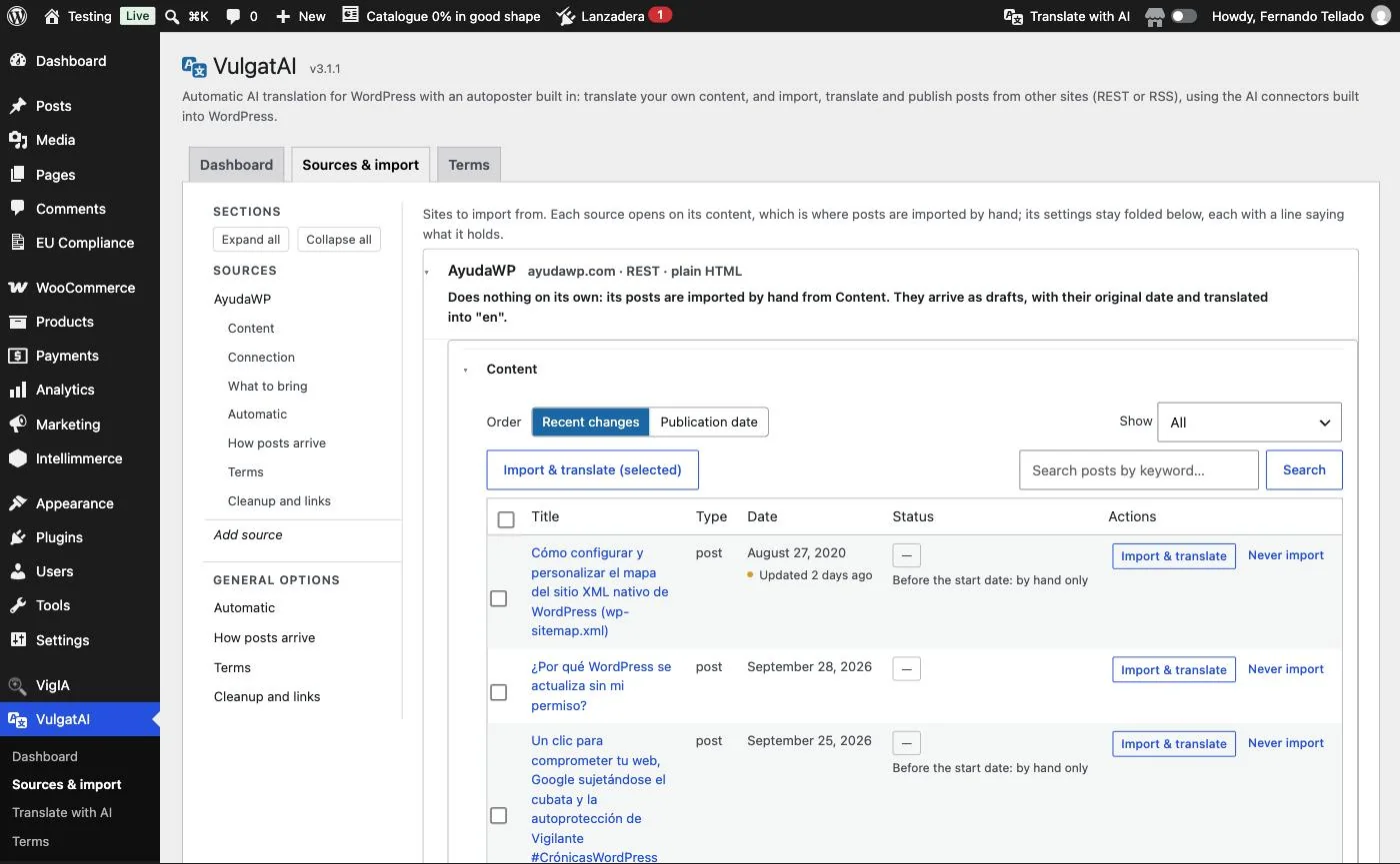 The Content group of a source in VulgatAI, with the order and filter controls, the search box, the Import & translate button on each row and the Never import action.