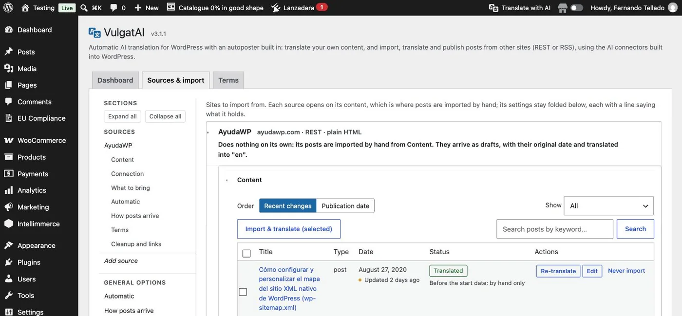An entry imported and translated in VulgatAI, with the Translated status and the Re-translate and Edit buttons.