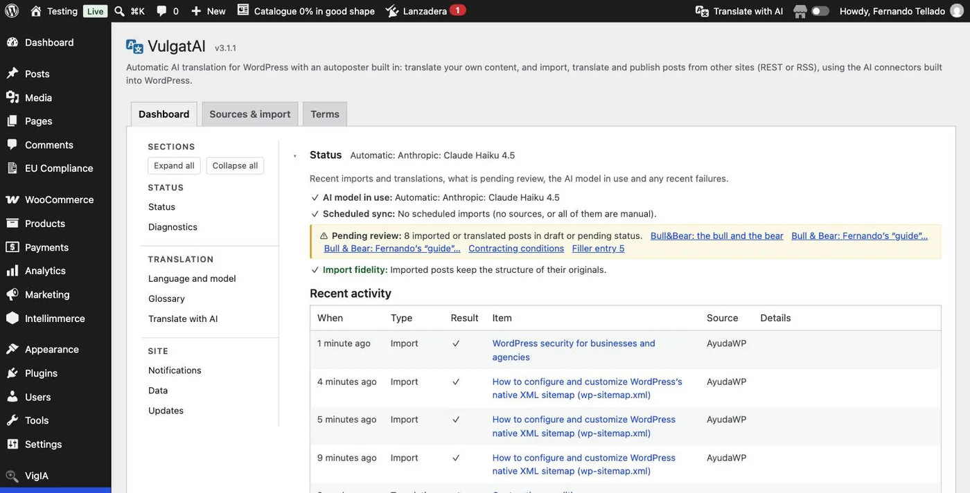 VulgatAI's Dashboard after importing and translating entries, with recent activity, pending review and the import fidelity line.