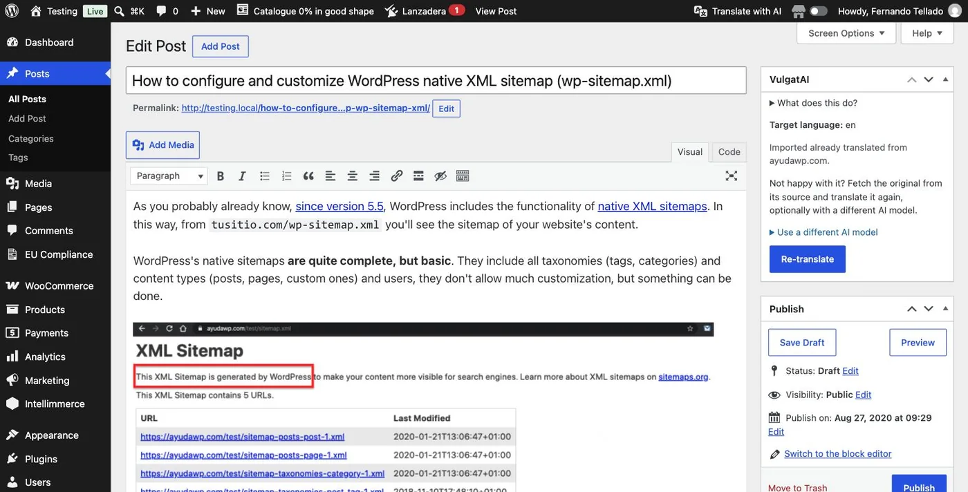 VulgatAI's meta box in the classic editor sidebar, with the target language, the note on where the post came from, the Use a different AI model link and the Re-translate button.