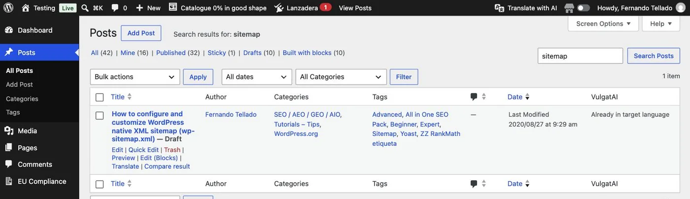 The WordPress post list with the Compare result action in the row of an imported post, after Translate.