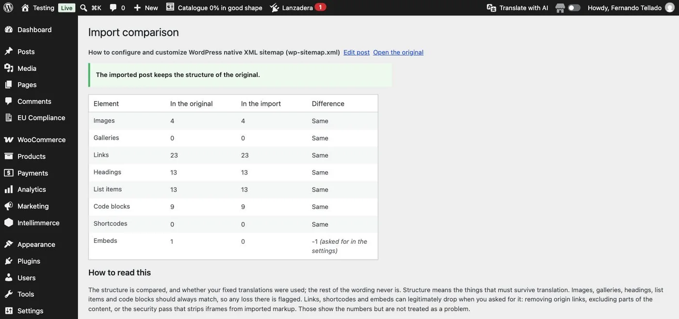 VulgatAI's Import comparison screen, with the counts of the original and the imported post side by side.