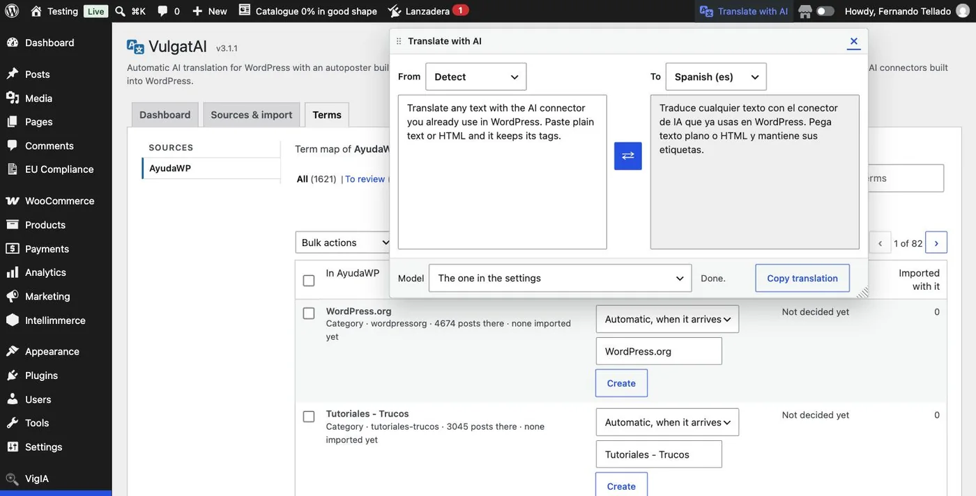 VulgatAI's Translate with AI window, with the text box and the translation box beside it.