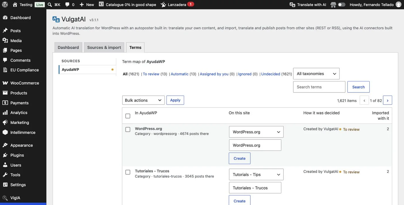 The Terms tab in VulgatAI, with the filters, the search box, the bulk actions and, for each source term, where it lands on the site and how it was decided.