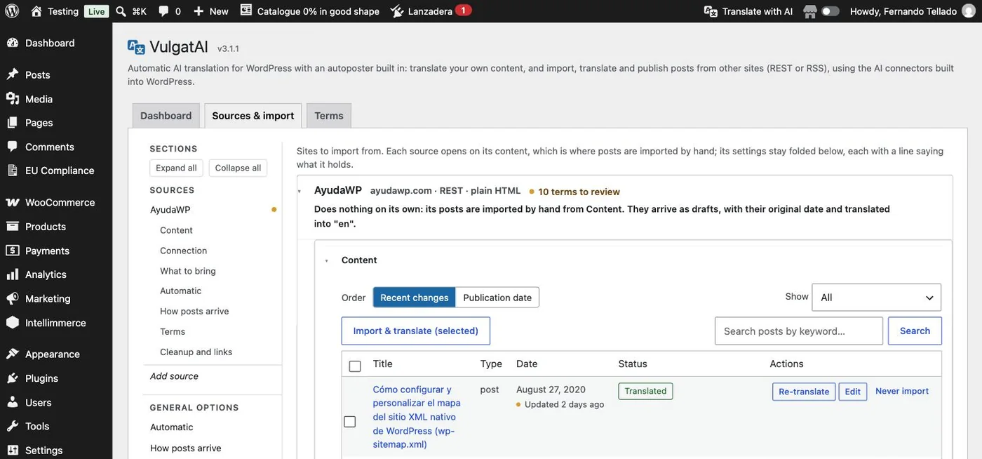 A source's header in VulgatAI after the first import, with the count of terms waiting for review.