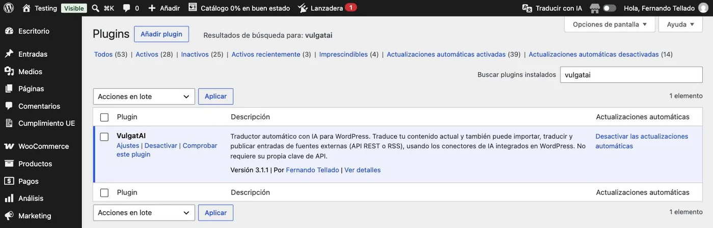 VulgatAI 3.1.1 activo en el listado de plugins de WordPress.