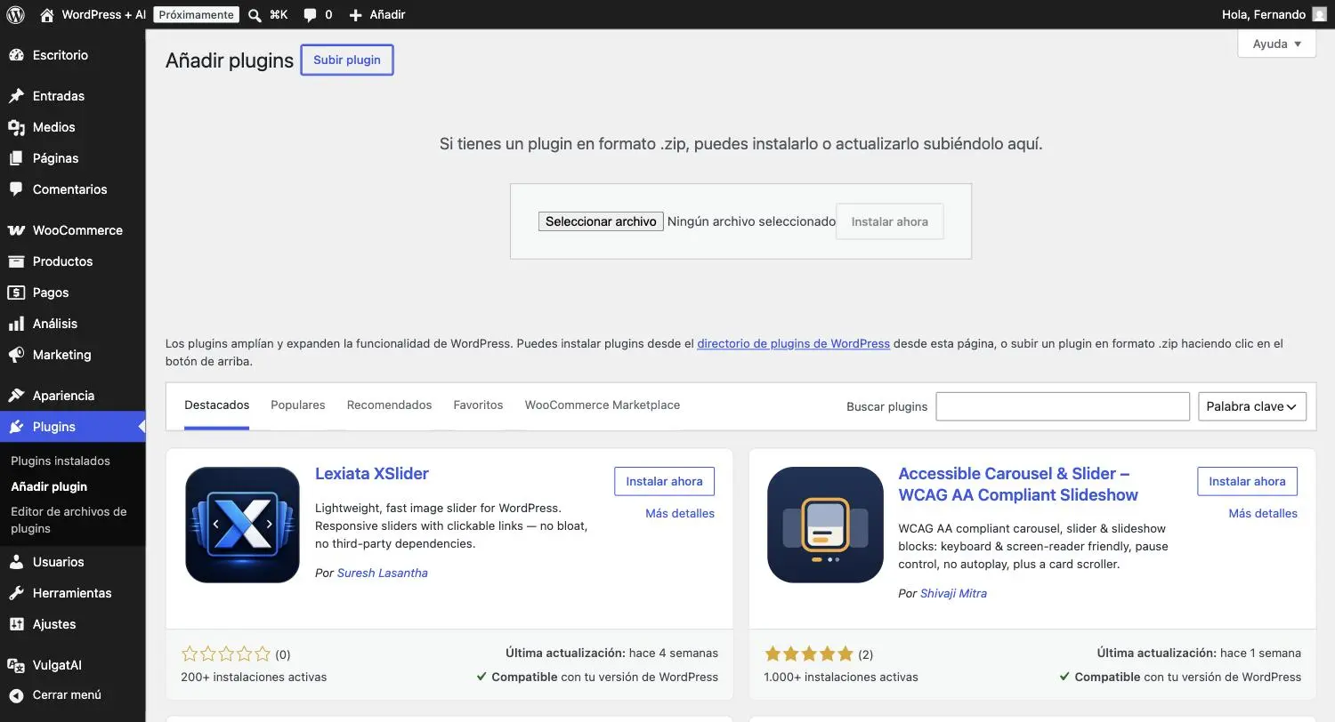 La pantalla «Añadir plugins» de WordPress, con el botón para subir un plugin en formato ZIP.