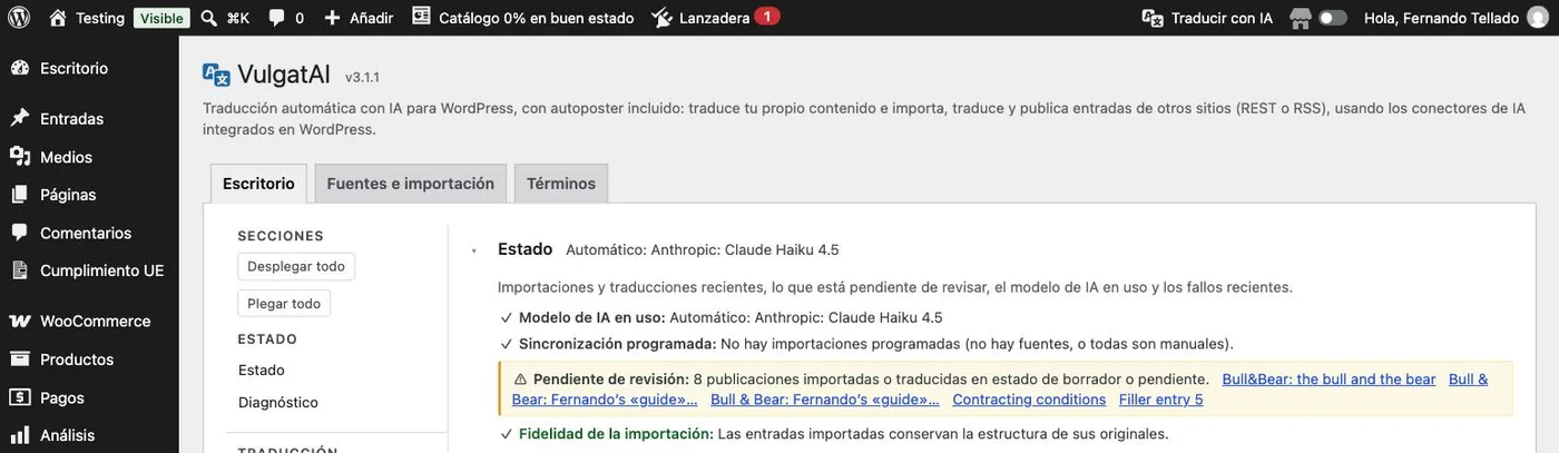 La carta Estado de VulgatAI, con el modelo de IA en uso, la sincronización programada, lo pendiente de revisar destacado en una cajita y la línea de fidelidad de la importación.