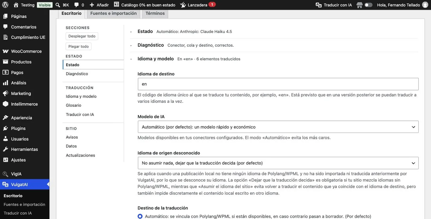 El grupo Idioma y modelo de VulgatAI: idioma de destino, modelo de IA, idioma de origen desconocido y destino de la traducción.