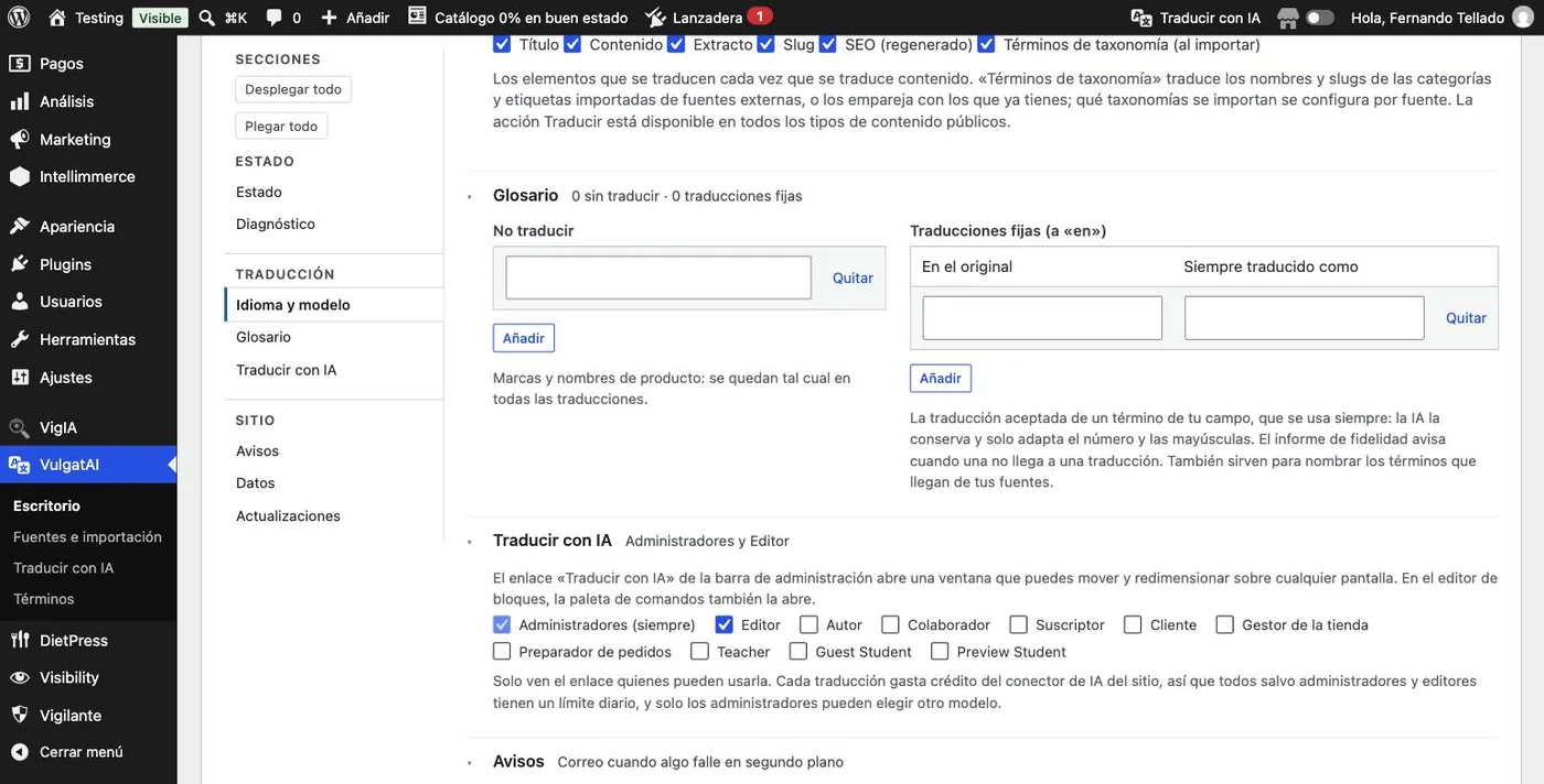 Qué traducir, el glosario de VulgatAI con sus dos listas y el grupo Traducir con IA, con los roles que pueden usarla.