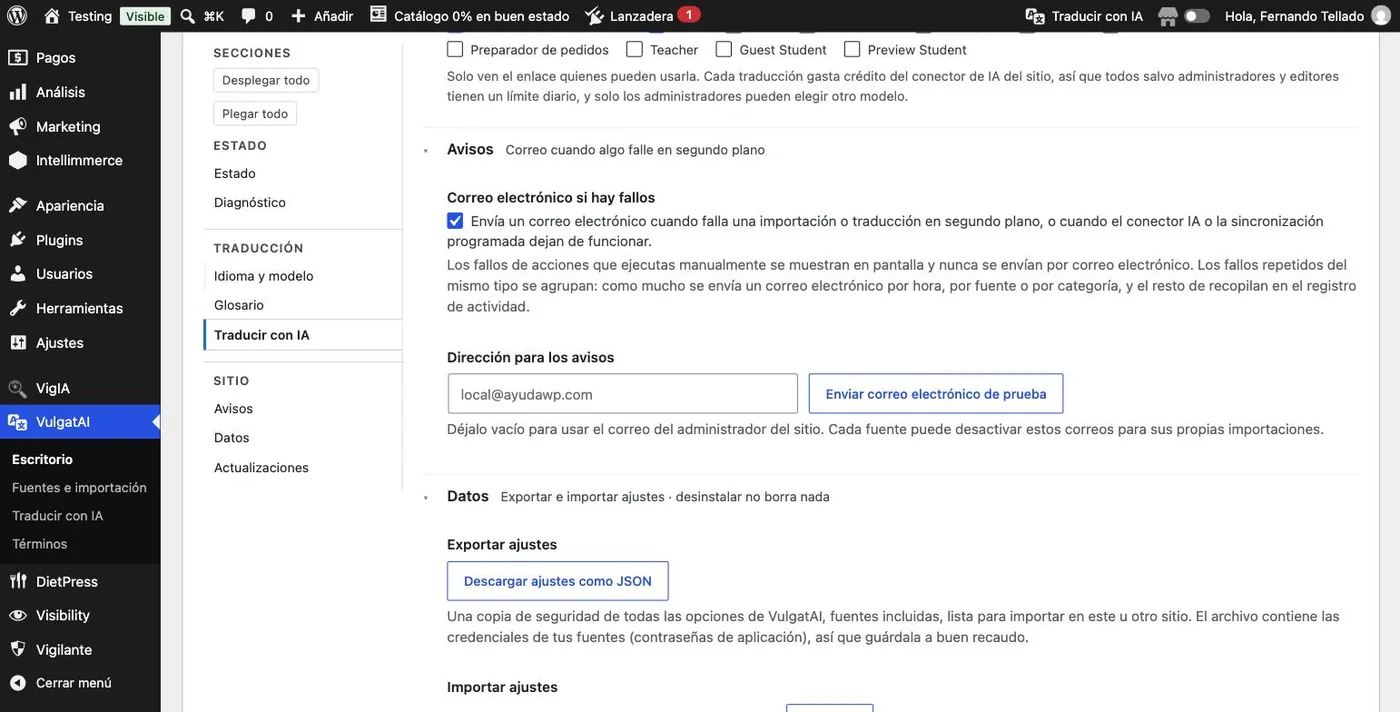 Los grupos Avisos y Datos de VulgatAI: correo ante fallos y exportar o importar toda la configuración.