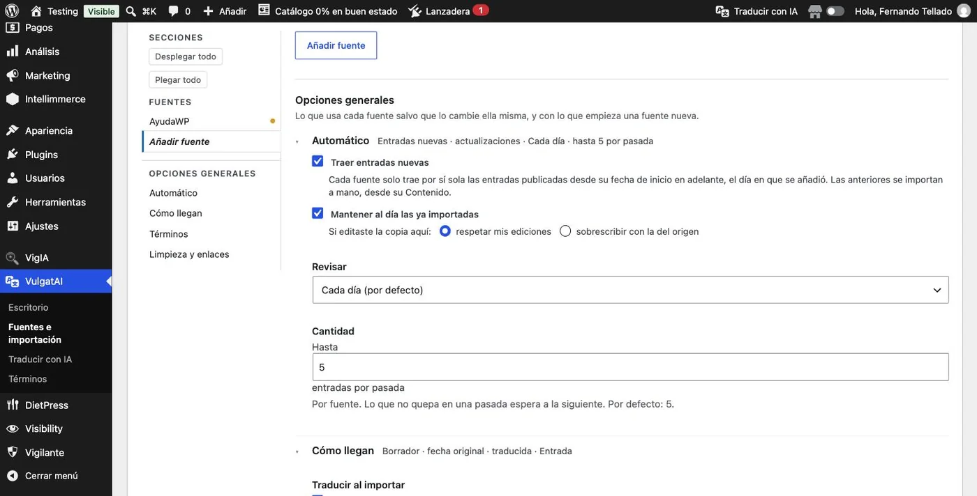 Las opciones generales de importación de VulgatAI, grupo Automático: entradas nuevas, actualizaciones, frecuencia y cantidad.