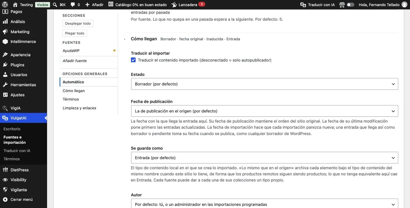 El grupo Cómo llegan de las opciones generales de VulgatAI: traducir al importar, estado, fecha de publicación, tipo de contenido y autor.