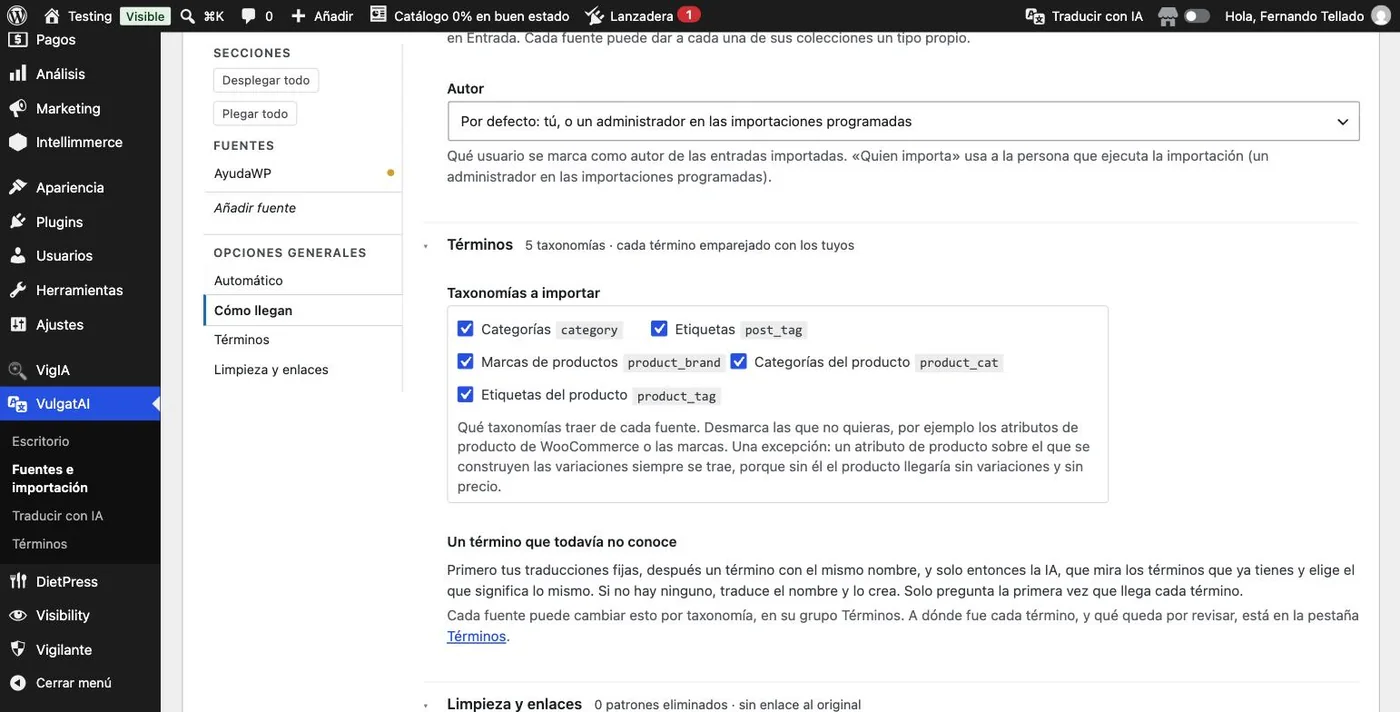 El grupo Términos de las opciones generales de VulgatAI: taxonomías a importar y qué pasa con un término que el sitio todavía no conoce.