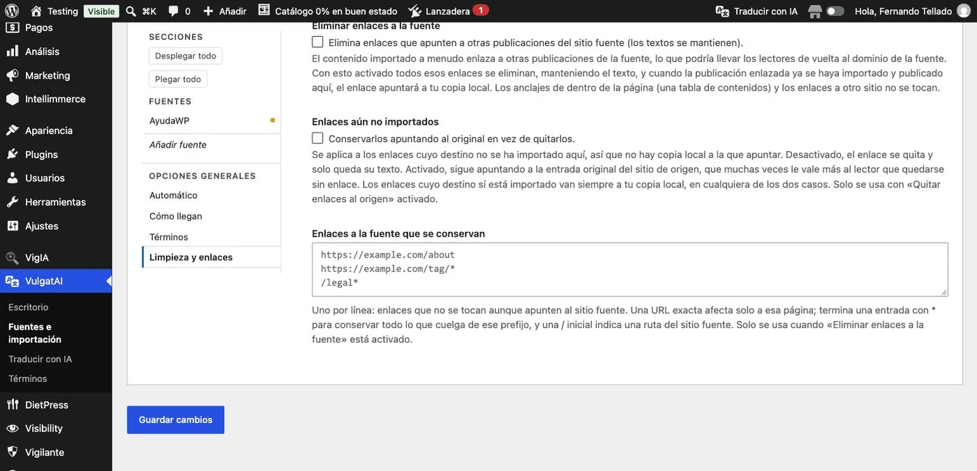 El grupo Limpieza y enlaces de las opciones generales de VulgatAI, con las opciones para los enlaces que apuntan al sitio fuente.