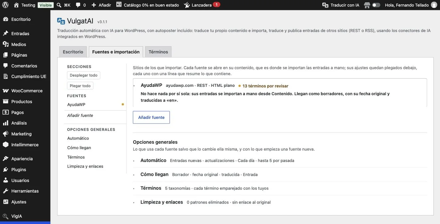 La lista de fuentes de VulgatAI, con el botón Añadir fuente y debajo los grupos de las opciones generales.