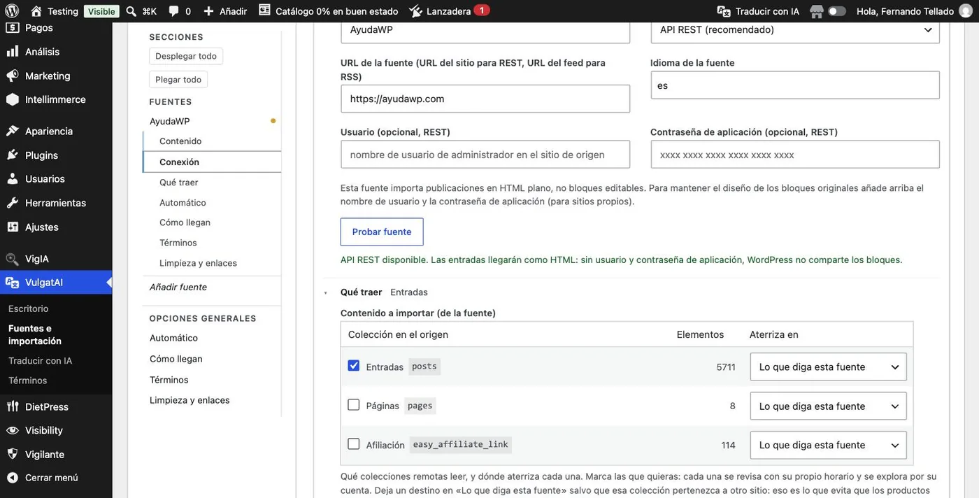 El resultado de Probar fuente en VulgatAI: API REST disponible, y debajo el grupo Qué traer con las colecciones de la fuente.