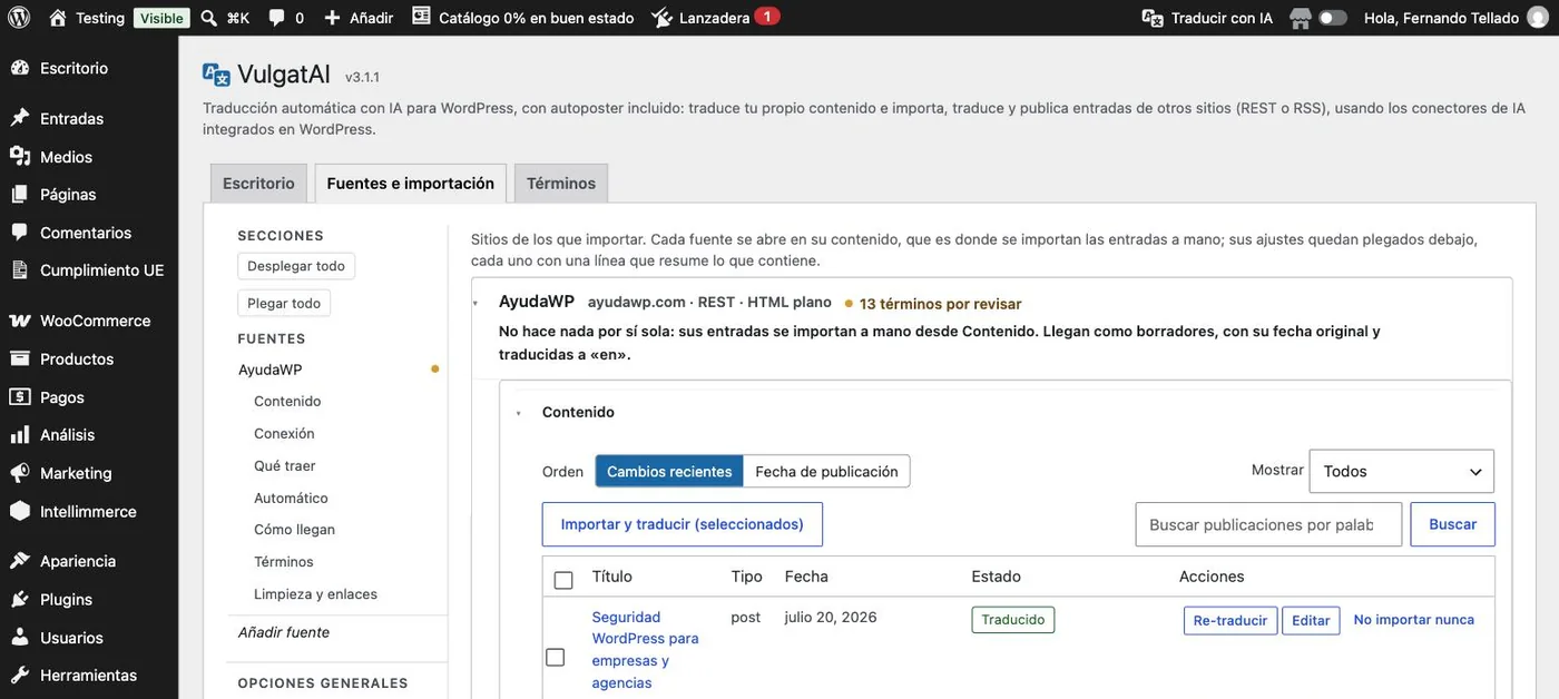 Una entrada ya importada y traducida en VulgatAI, con el estado Traducido y los botones Re-traducir y Editar.