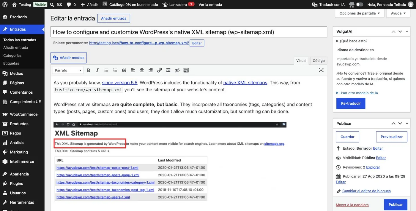 El meta box de VulgatAI en la barra lateral del editor clásico, con el idioma de destino, la nota sobre de dónde salió la entrada, el enlace Usar otro modelo de IA y el botón Re-traducir.
