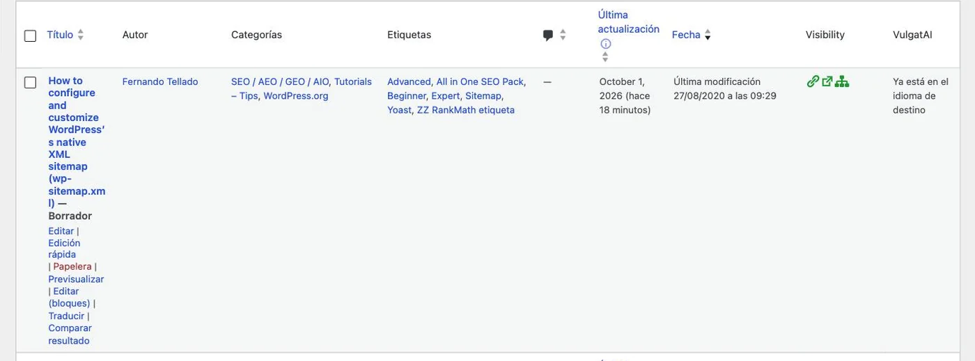 El listado de entradas de WordPress con la acción «Comparar resultado» en la fila de una entrada importada, después de Traducir.