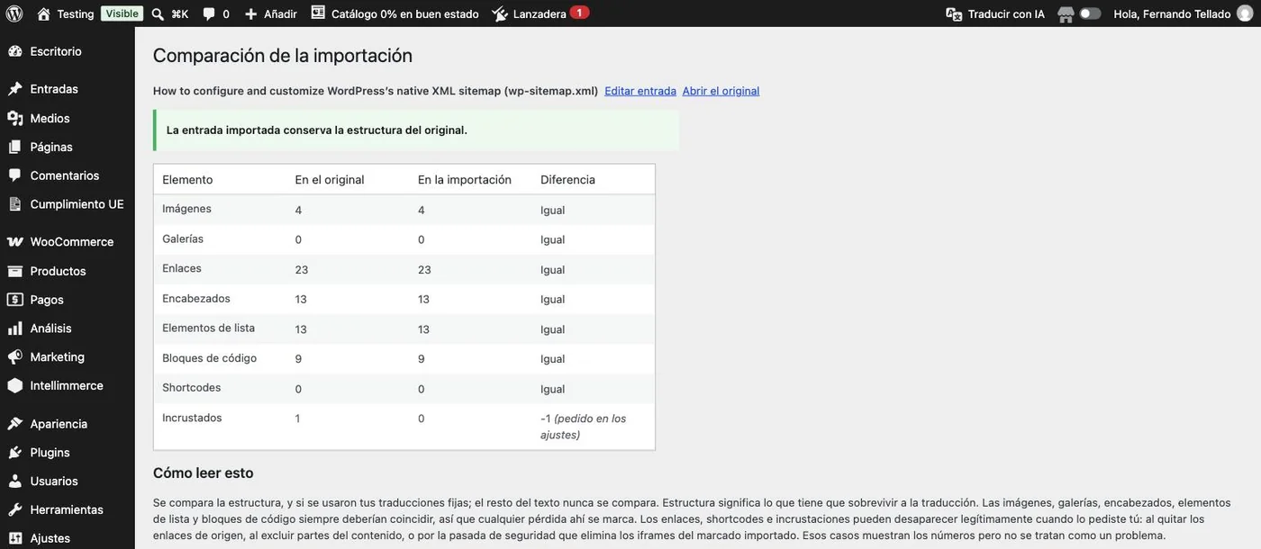 La pantalla de comparación de importación de VulgatAI, con las cifras del original y de la entrada importada enfrentadas.