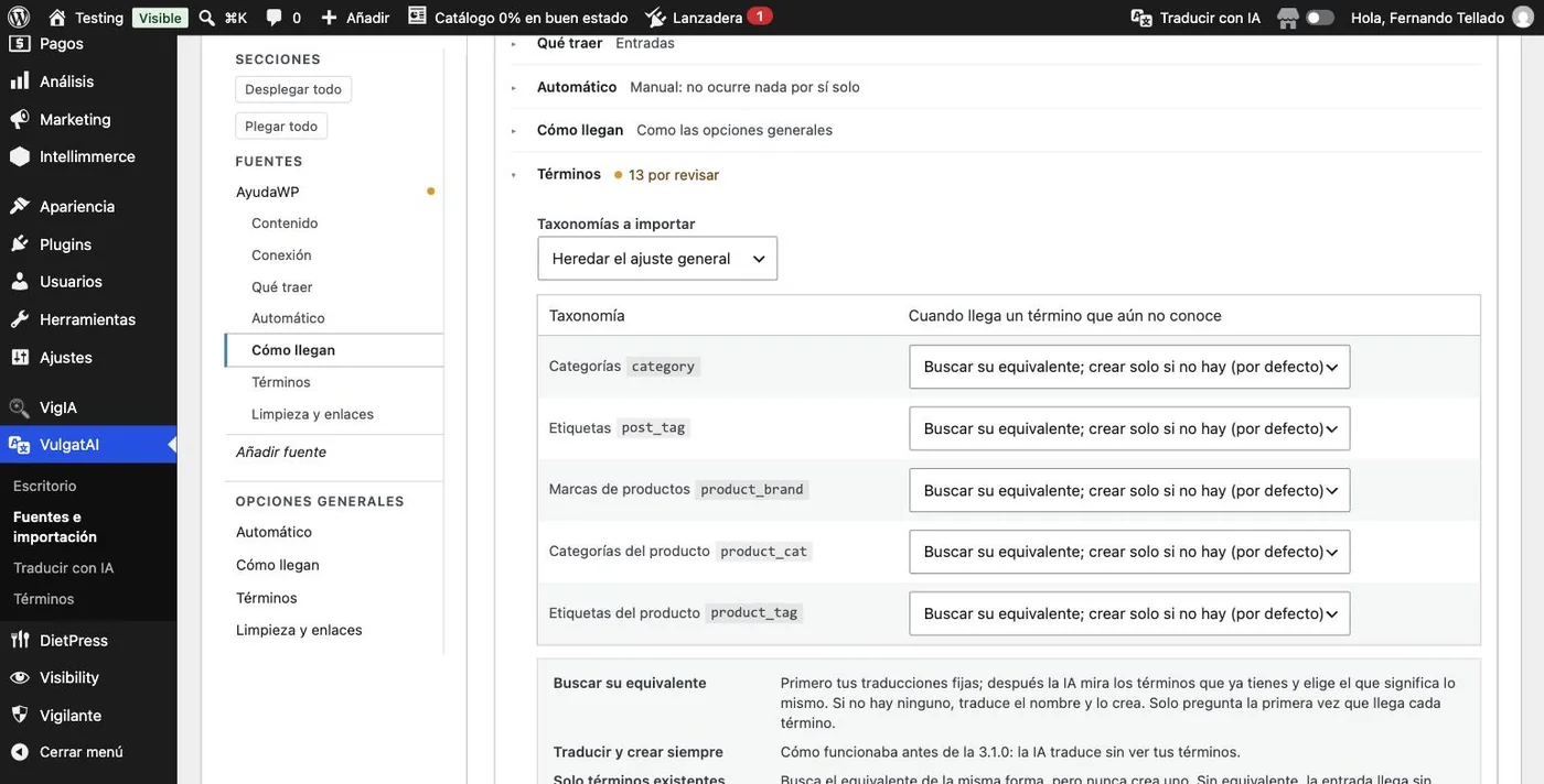 El grupo Términos de una fuente en VulgatAI, con, para cada taxonomía, la elección de qué hacer cuando llega un término que el sitio todavía no conoce.