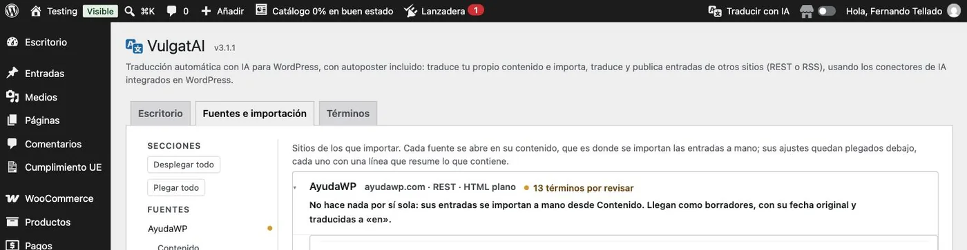 La cabecera de una fuente en VulgatAI tras la primera importación, con el recuento de términos por revisar.